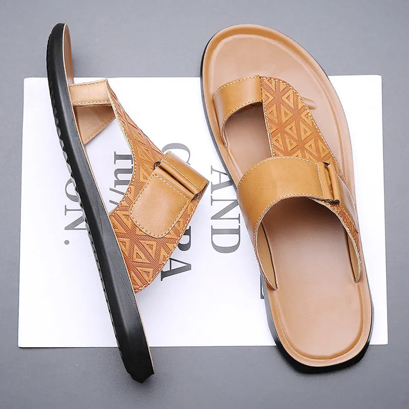 Men's casual open-toe beach slippers in light brown with a two-layer cowhide upper and rubber sole.