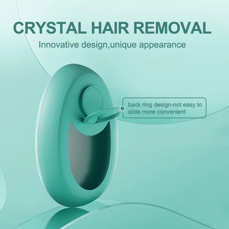 CJEER crystal hair removal device showing nano-glass surface and metal finger ring on compact flat tool