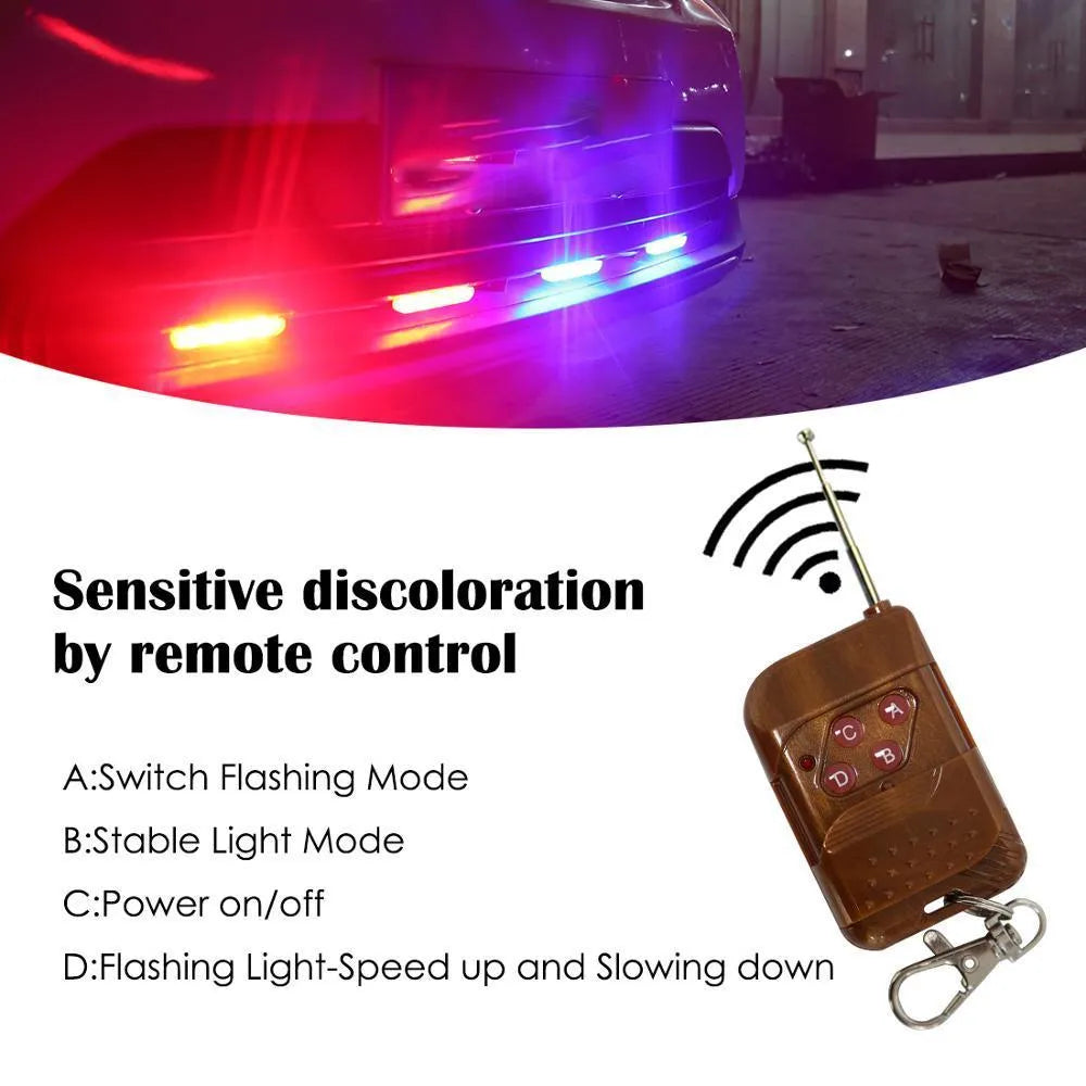 Black car mounted LED emergency warning light with wireless remote control on a vehicle roof.
