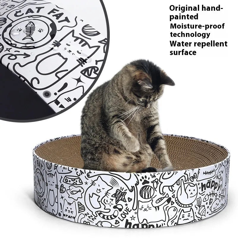 Round white corrugated paper cat scratching board nest, 42x42x10cm extra large, on a floor