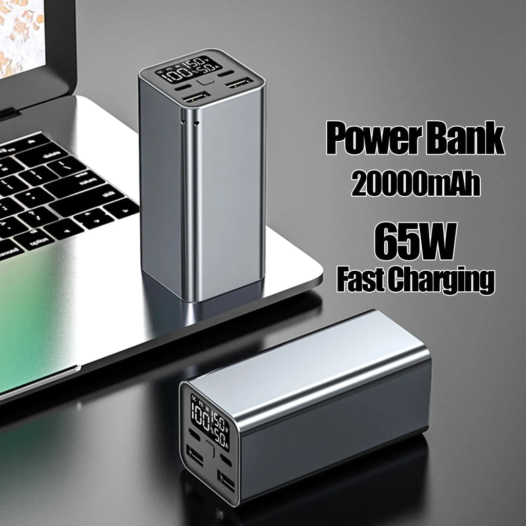 Black high power 65W metal charging bank with 20000mAh capacity for laptops