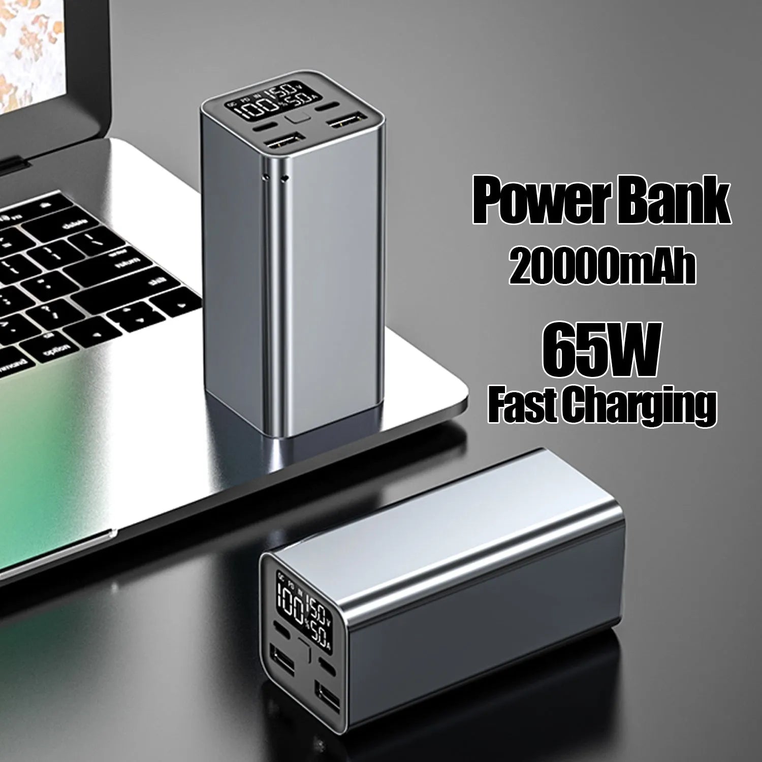 Black high power 65W metal charging bank with 20000mAh capacity for laptops