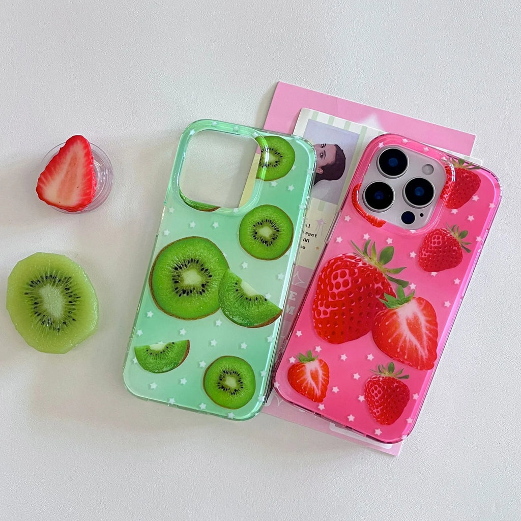 Pink strawberry silicone iPhone case with frosted double-layer finish and cartoon design, shown for iPhone models.