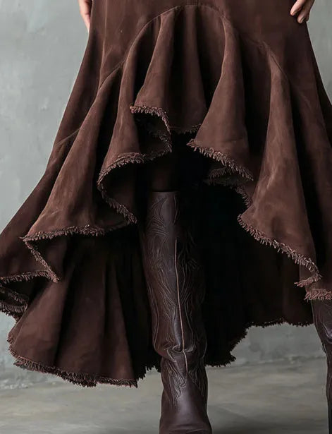 Brown high-low maxi skirt with asymmetric hem and ruffles in eco suede texture