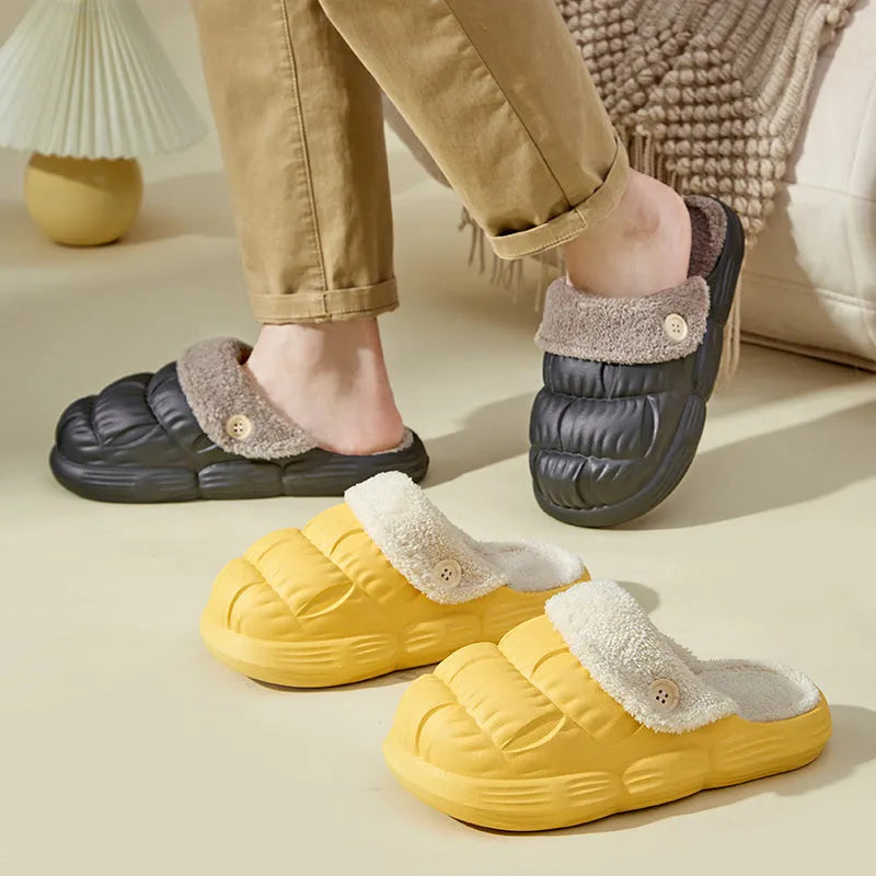 Removable fluffy slippers in beige with faux fur lining and Velcro fastening on a wooden floor