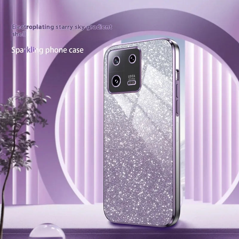 Gradient glitter electroplating phone case for Xiaomi showing purple colour with fine holes