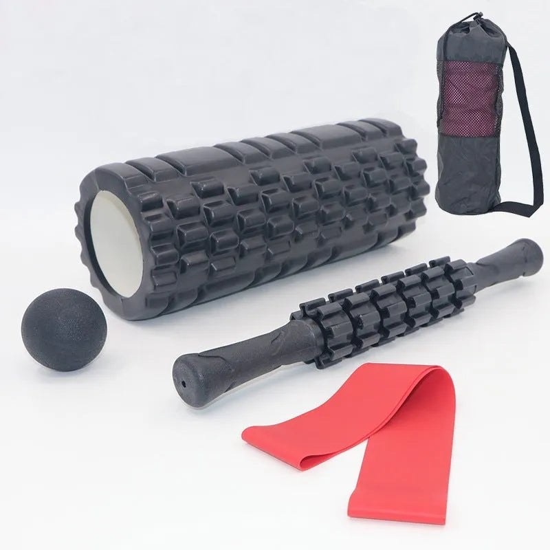 Black six-piece foam massage roller stick with gear design, 33cm long.