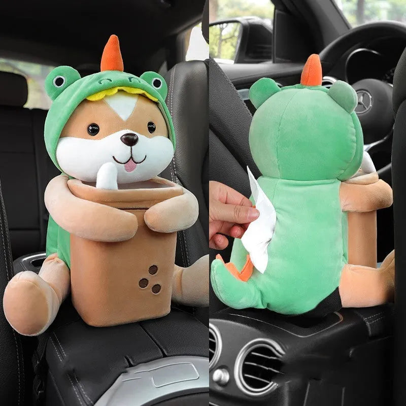 Plush car tissue box and rubbish bin combination in cute animal design for vehicle centre console