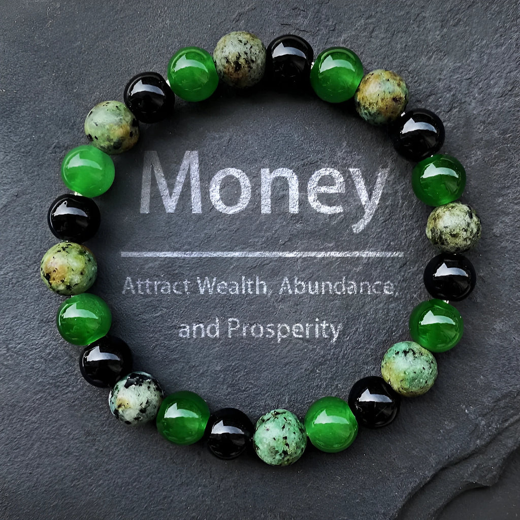 Unisex handmade bracelet with 8mm artificial crystal beads in green onyx and obsidian style colour AL-0293