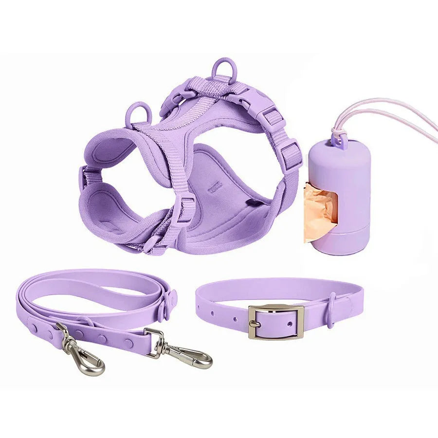 Dog tactical chest back collar set in PVC material with traction rope and harness, available in multiple colours