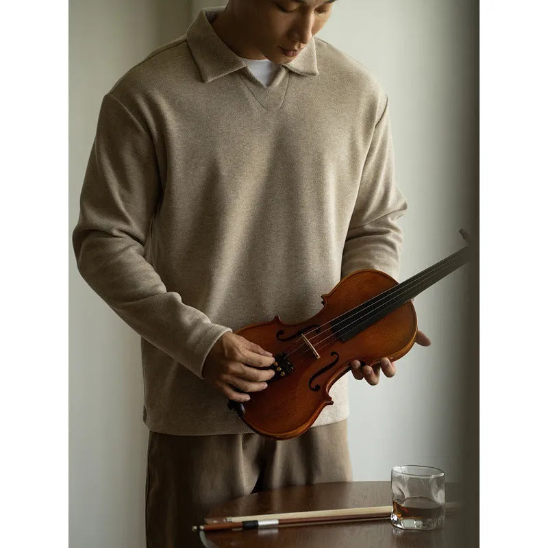 Men's casual drop-shoulder V-neck long sleeve polo shirt in gray, made from polyester fibre blend.