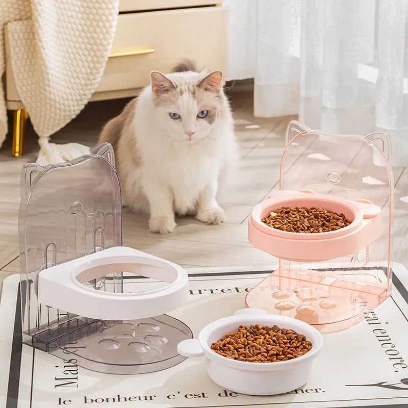 Grey cat bowl with anti-spill neck protection and adjustable height mechanism