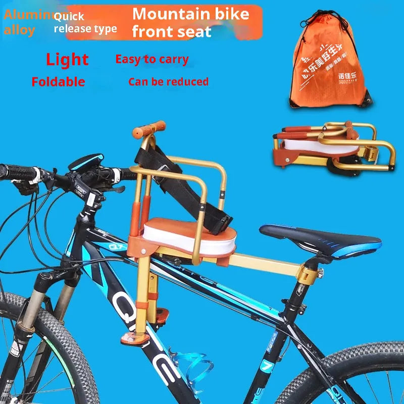 Aluminum alloy front folding child bicycle seat in yellow with armrest on a bike