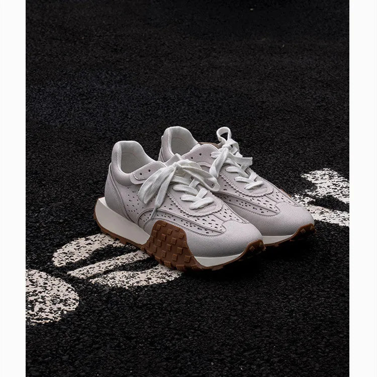 Grey retro thick-soled colour-block jogging sneakers with cloth and microfiber leather upper