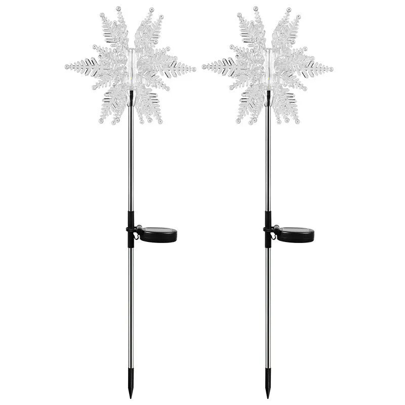 LED solar snowflake lawn light in warm white with 2V 100mA solar panel and waterproof outdoor design