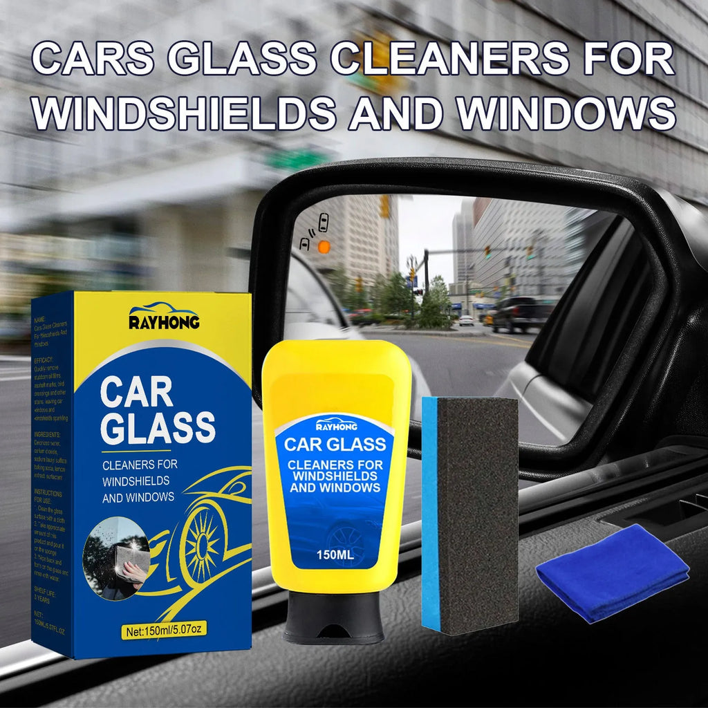 Windscreen automotive detergent defogging kit with 150ml spray bottle, microfiber cloth, and application sponge