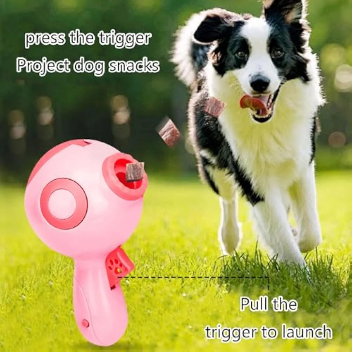 Green, orange or pink plastic dog treat launcher toy for interactive feeding and training