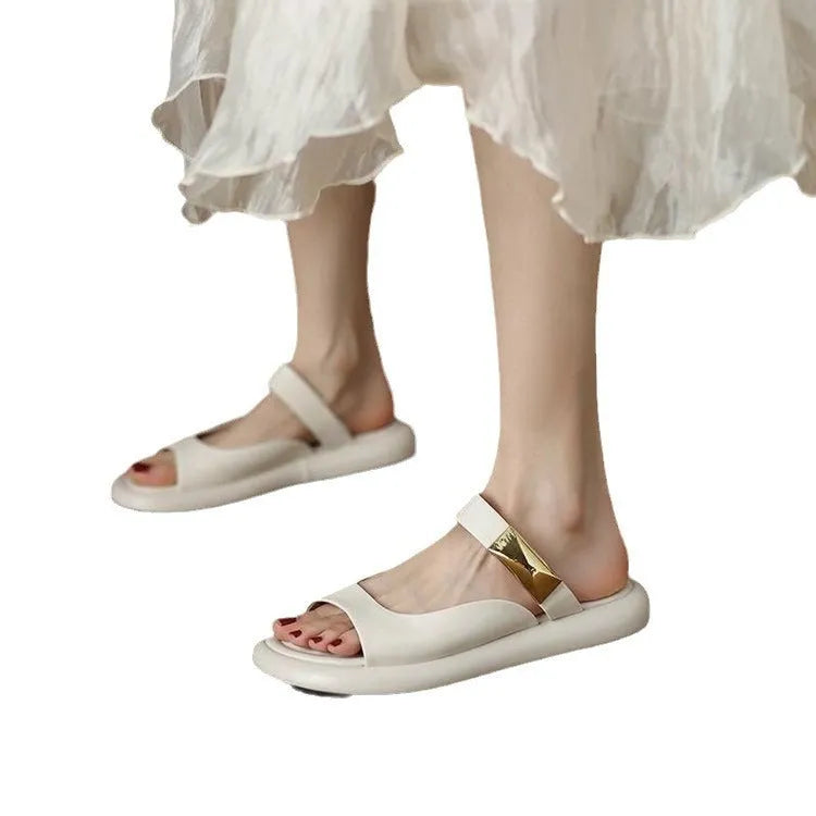 Apricot and white peep toe flat platform sandals with a rubber sole for outdoor casual wear.