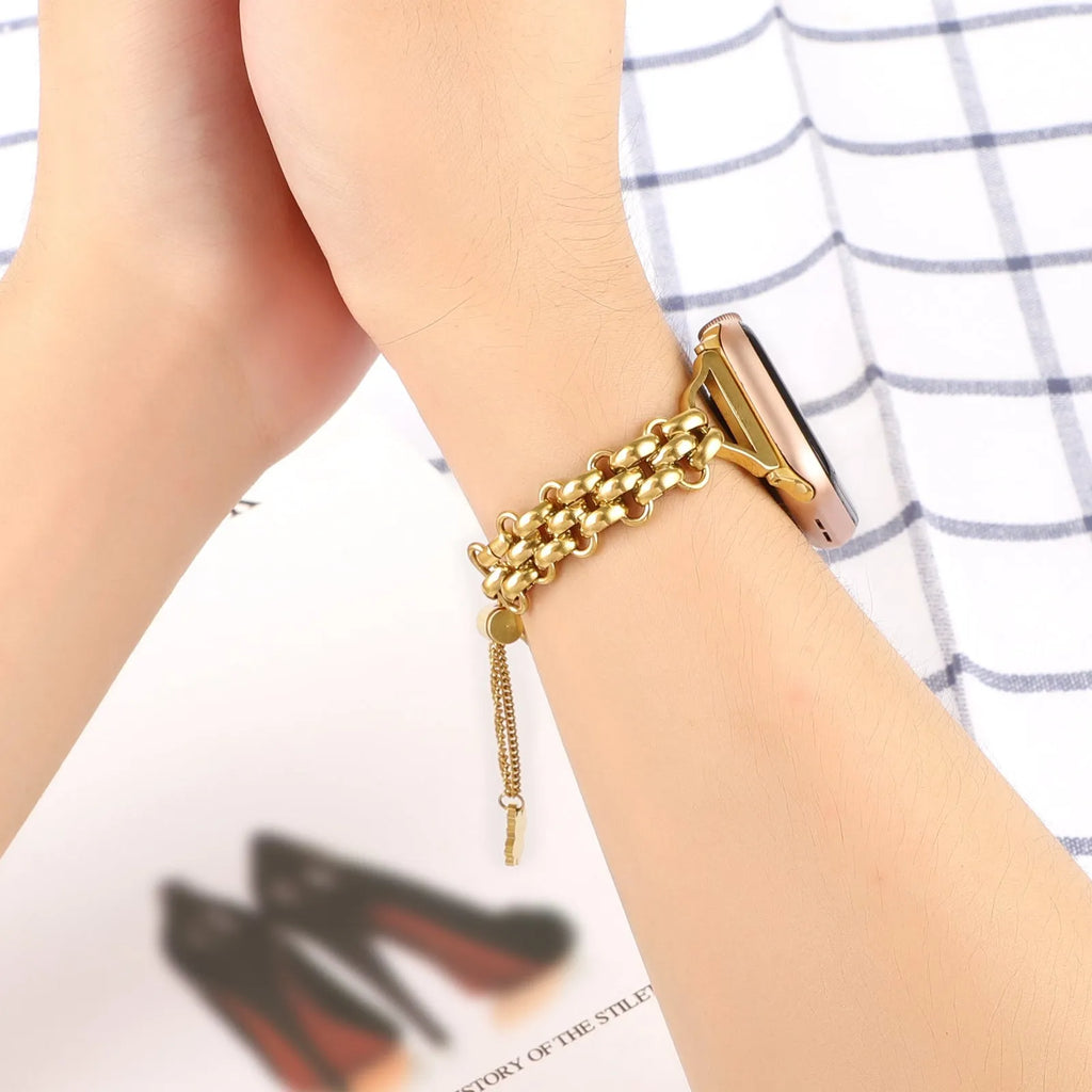 Stainless steel double row chain watch band for Apple Watch in silver on sport-style background