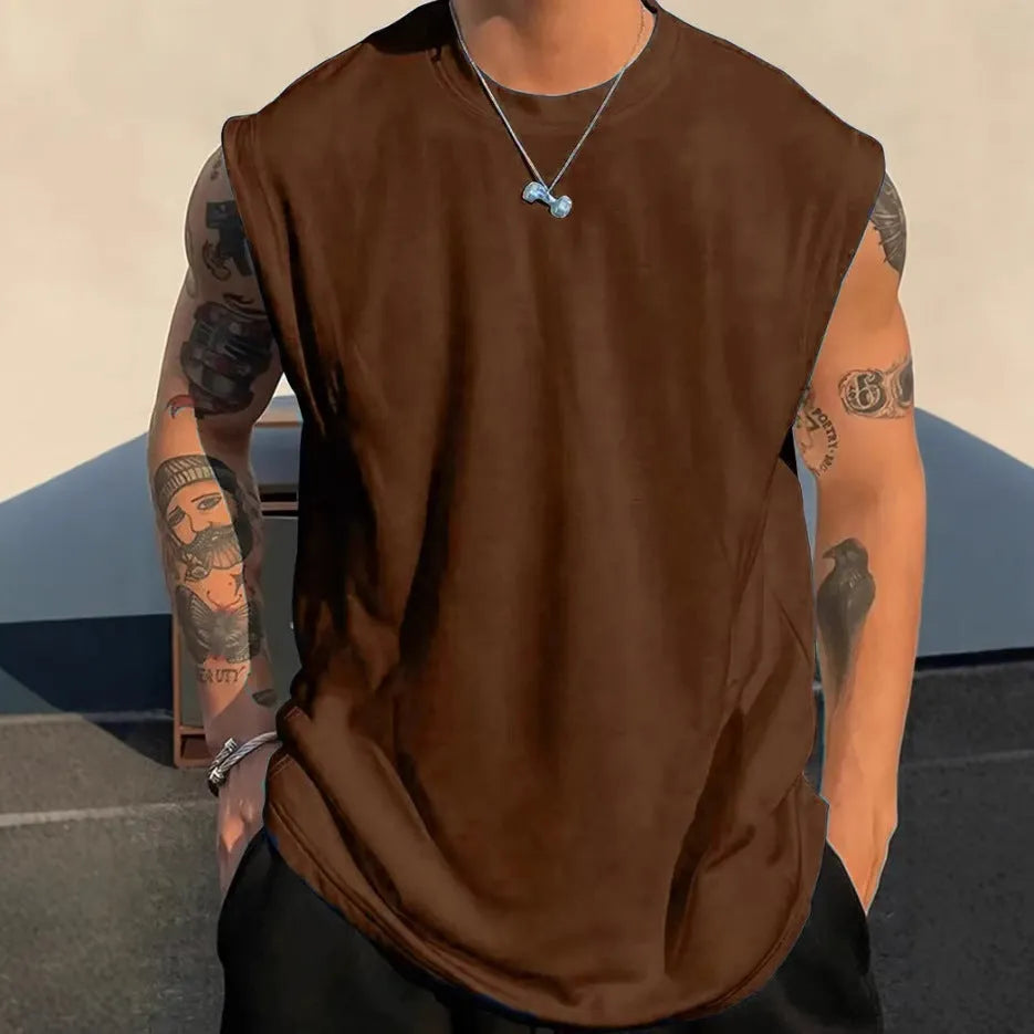 Men's loose fit cotton tank top in solid colours showing sleeveless design and straight hem
