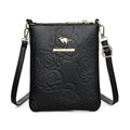 Soft black PU leather square vertical shoulder messenger bag with an external front pocket.