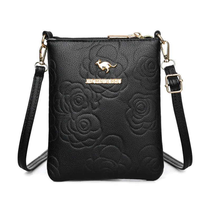 Soft black PU leather square vertical shoulder messenger bag with an external front pocket.