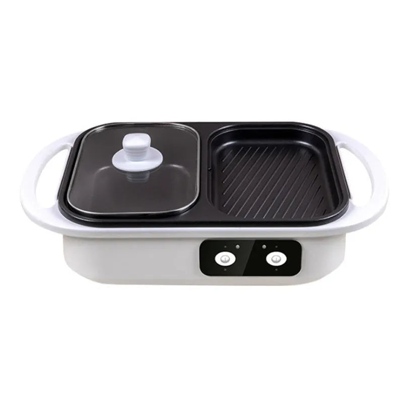 White dual-use electric caldron and frying oven with mechanical controls, compact design for 2-3 person households