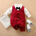 Wine red cotton baby boy romper suit with long sleeves and trouser legs.