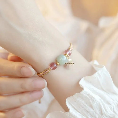 Adjustable red rope bracelet with natural stone beads in national Chinese style