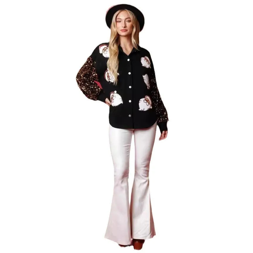 Women's black fleece shirt with Santa Claus pattern, sequined sleeves, and button front, sizes S-XXL