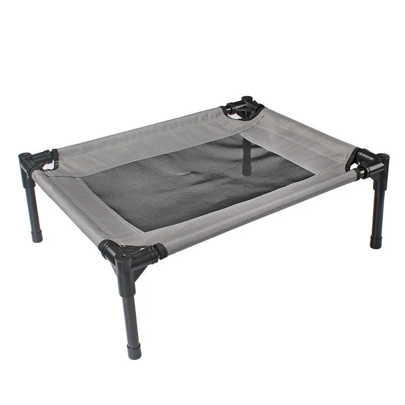 Outdoor camping dog bed with steel frame and removable oxford cloth cover shown in black colour