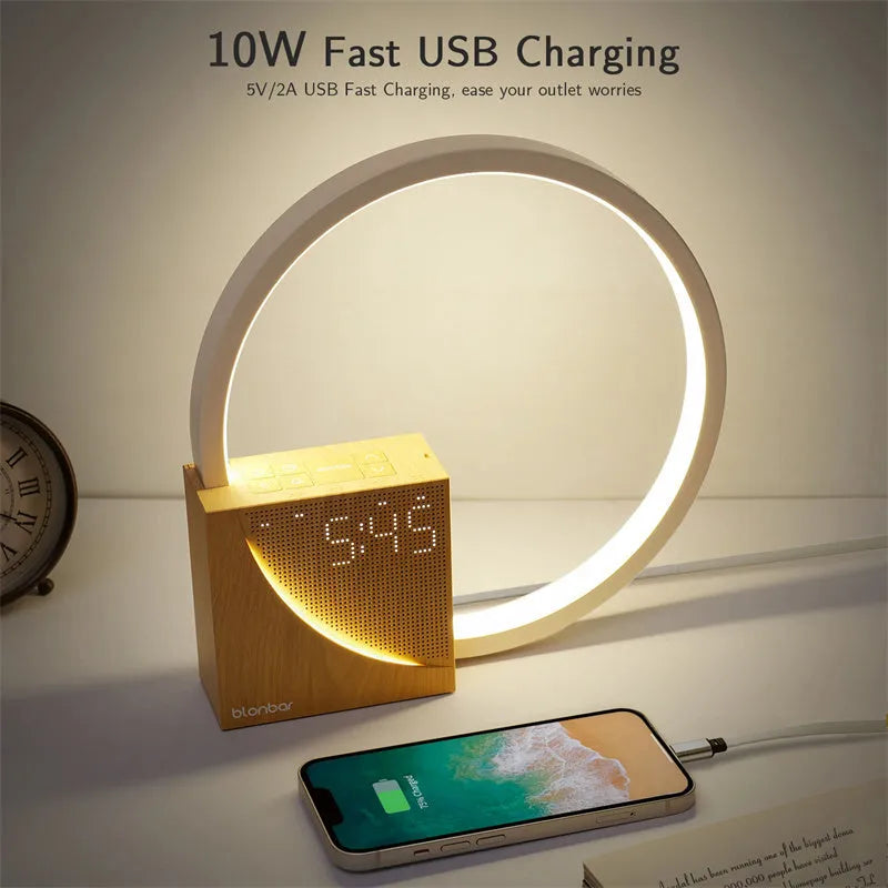 Multifunctional bedside table lamp with digital alarm clock display and touch controls for brightness and natural sounds