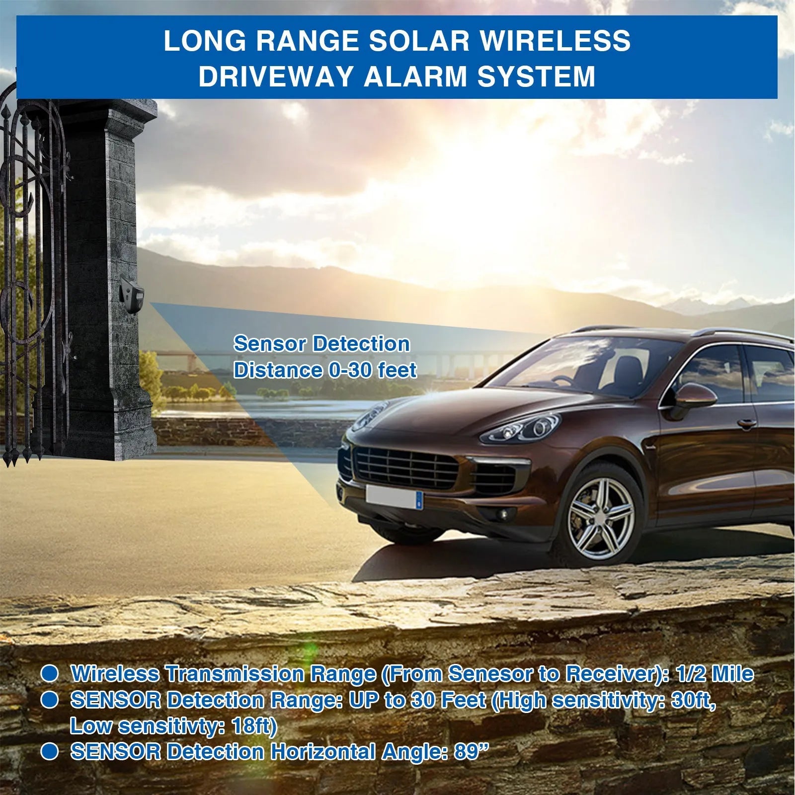Solar wireless outdoor motion detector alarm with digital display and waterproof housing for driveway and garage use