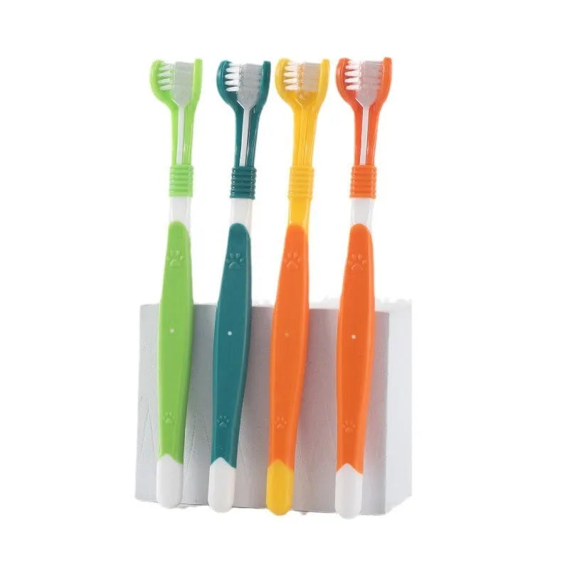 Pet toothbrush with soft nylon bristles on a plastic handle in various colour options for dogs and cats