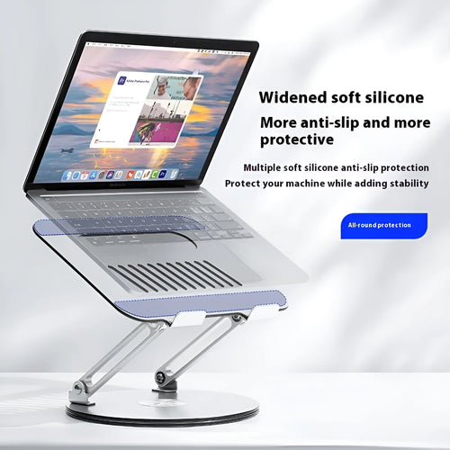 Silver aluminium alloy laptop stand in unfolded position showing rotatable base and height adjustment mechanism
