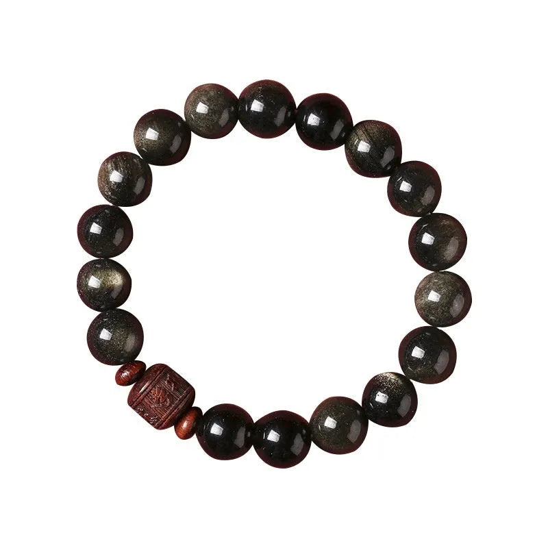 Hand-woven vintage bracelet with 10mm golden obsidian beads in retro style with national design elements