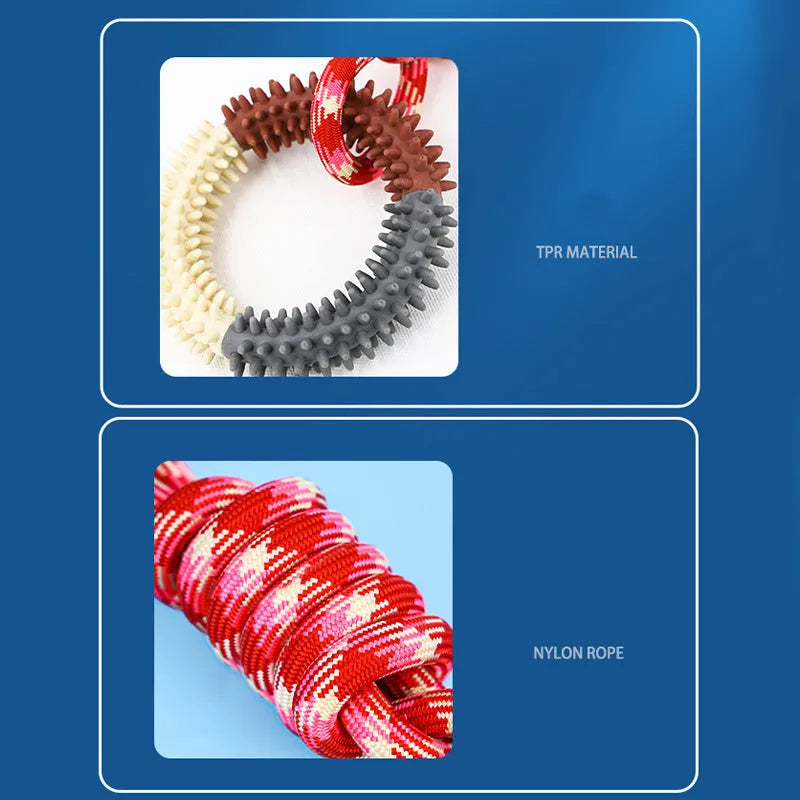 Blue, red, and rose red braided rope dog toy with a large central knot.