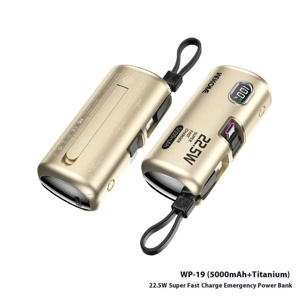 Portable mini capsule power bank in beige with ABS shell and compact design