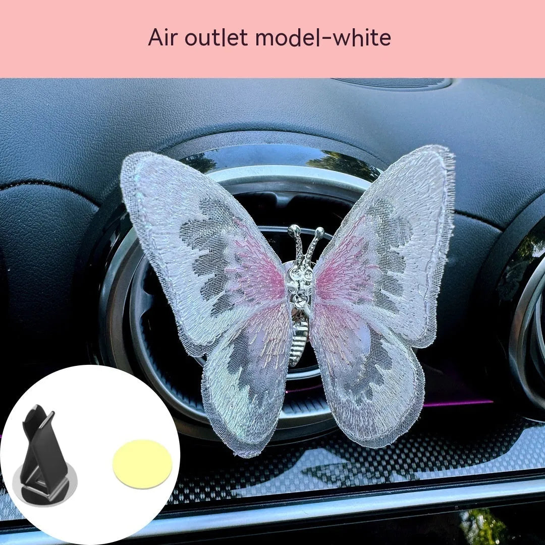 Moving embroidery butterfly fabric car centre console air vent decoration in multiple colour options