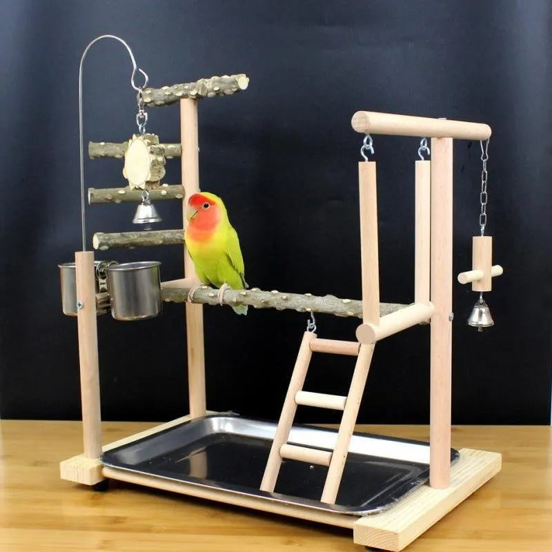 Pepper wood parrot toy stand with Xuanfeng Xiaotai design and tiger skin peony decoration