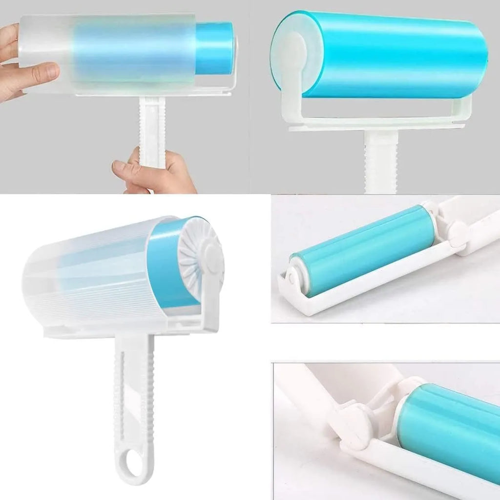 Blue washable reusable lint roller with protective cover for removing pet hair from clothes and furniture
