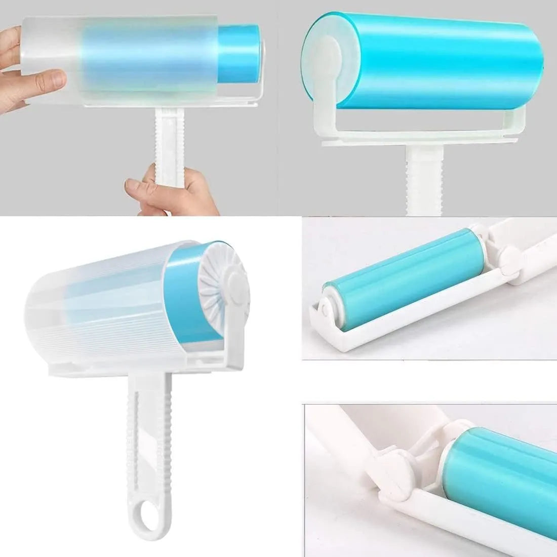 Blue washable reusable lint roller with protective cover for removing pet hair from clothes and furniture