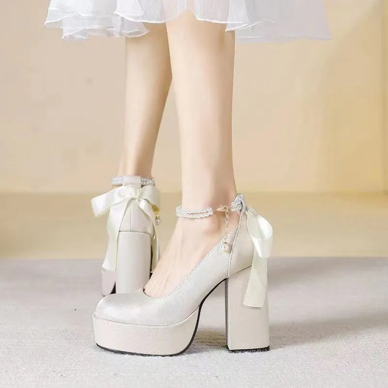 Women's waterproof platform wedding shoes with chunky heel in wine red colour with optional silk buckle detail