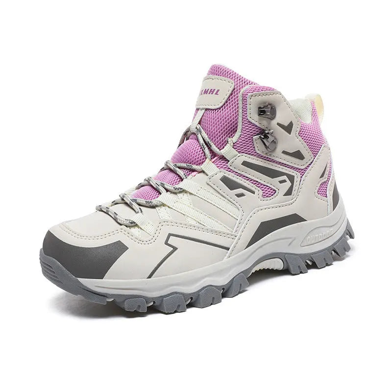Men's and women's flannel hiking sneakers in various colours on a rocky outdoor path.