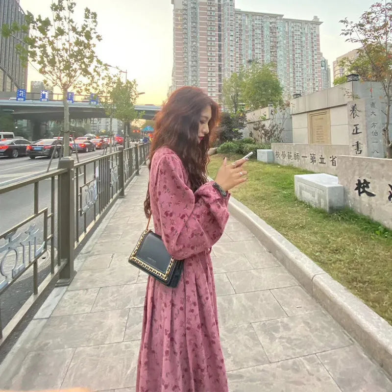 Red knitted cotton floral sweet cover dress with princess sleeves and elastic high waist