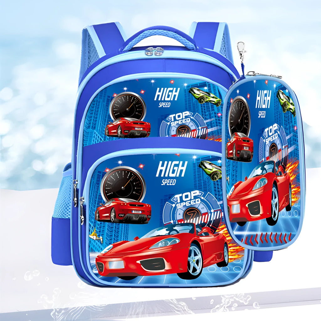 Blue cartoon-print children's school backpack with pencil case on a strap.