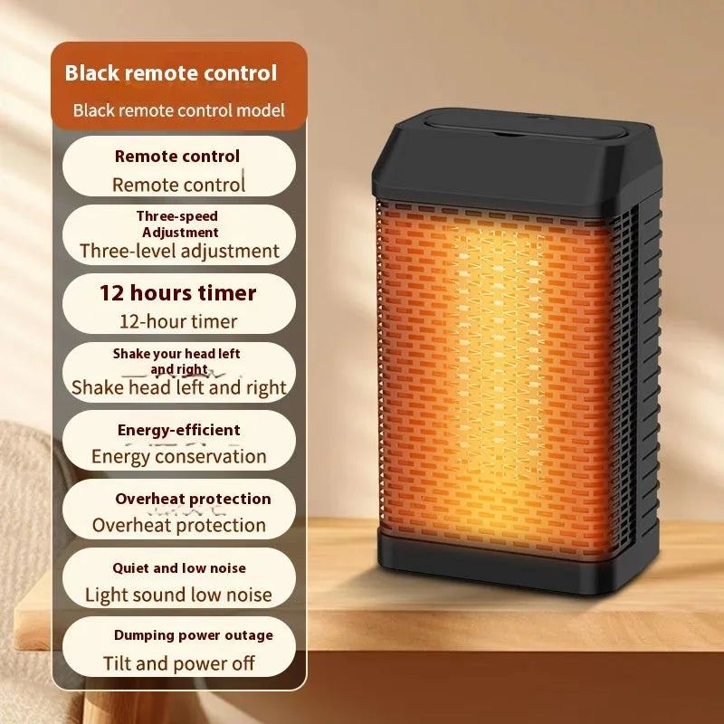 Black smart desktop heater with remote control on a wooden desk, showing digital display and shaking head louvres.