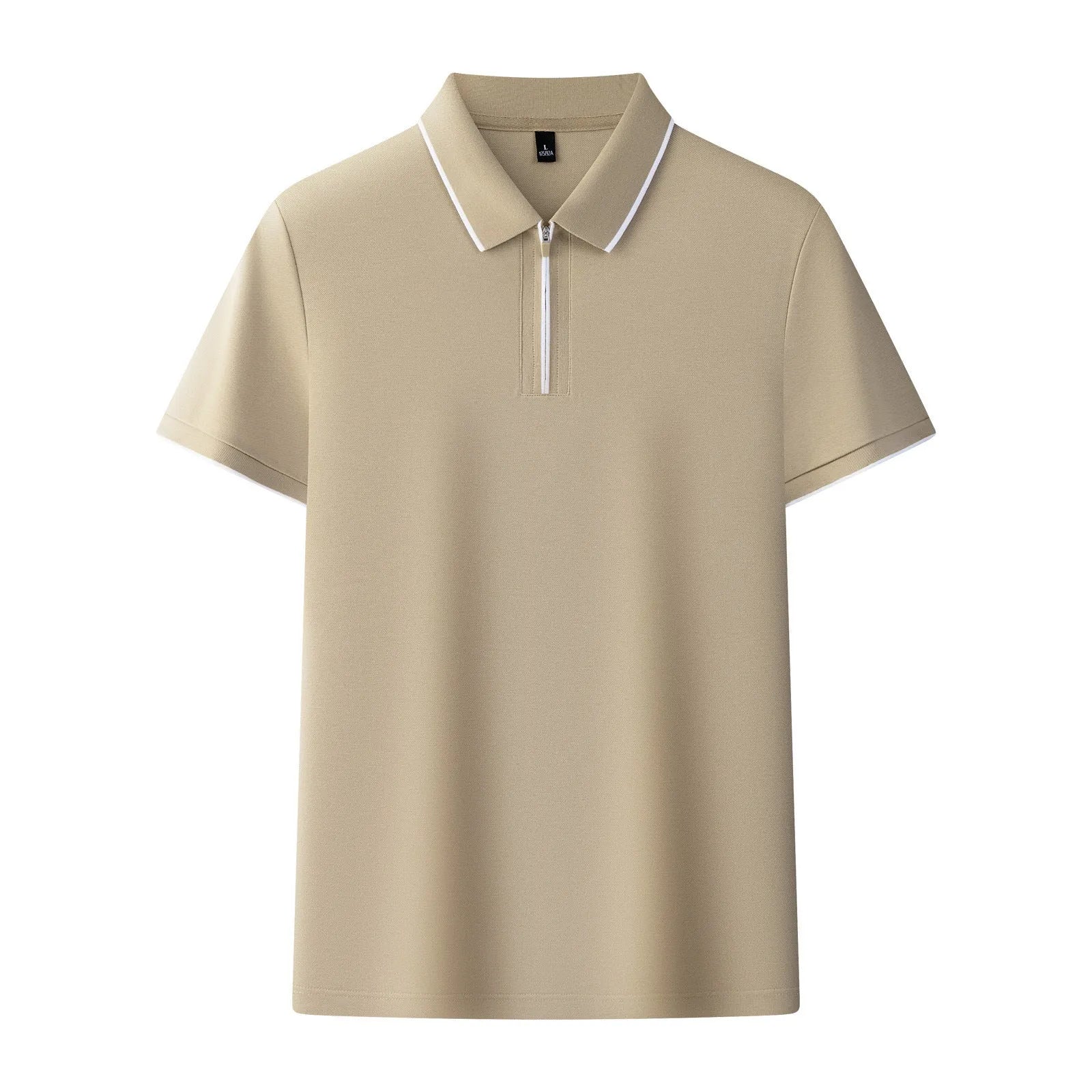 Man wearing a solid colour zip-front short-sleeve polo shirt in a casual setting.