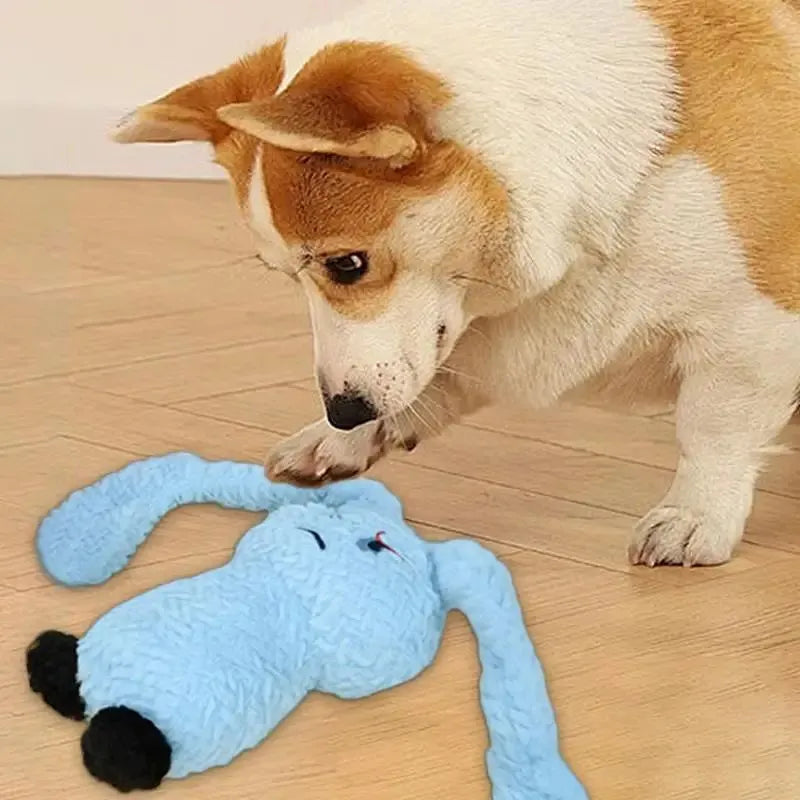 Bunny-shaped dog teething toy in blue, plush fabric with PP cotton filling, about 35 cm long