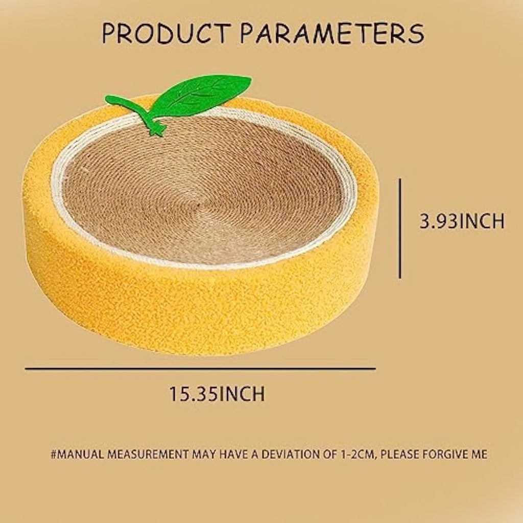 Yellow fruit-themed round sisal cat scratching board and bed for small breeds.